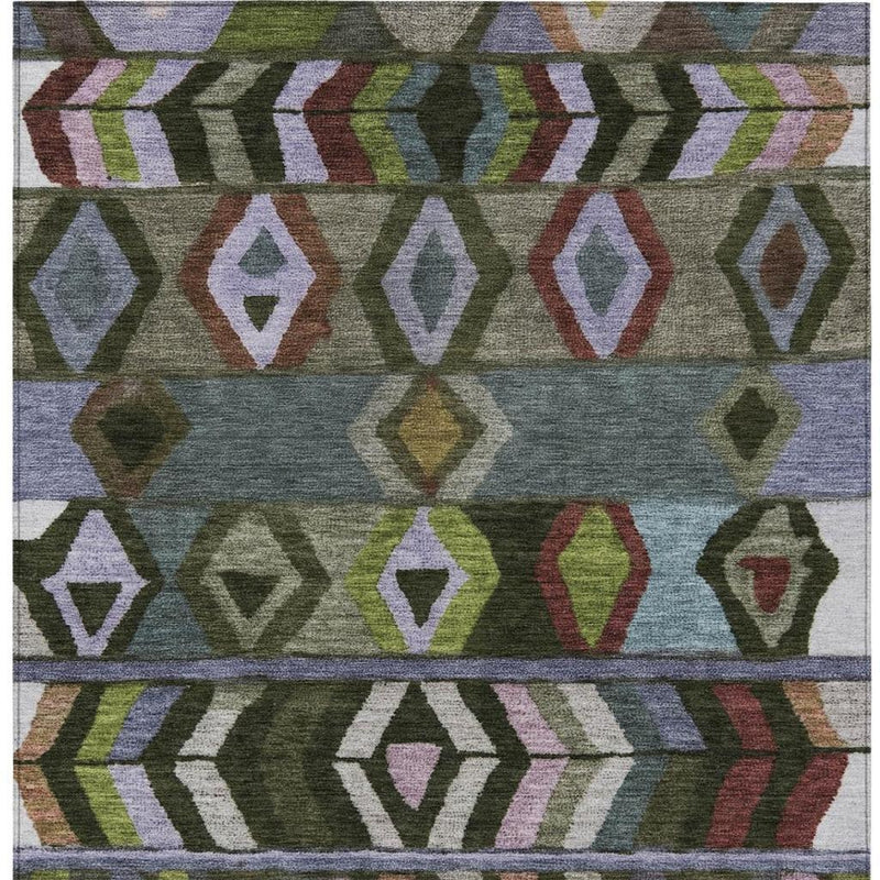 Rectangular area rug with horizontal bands of tribal diamonds and chevrons