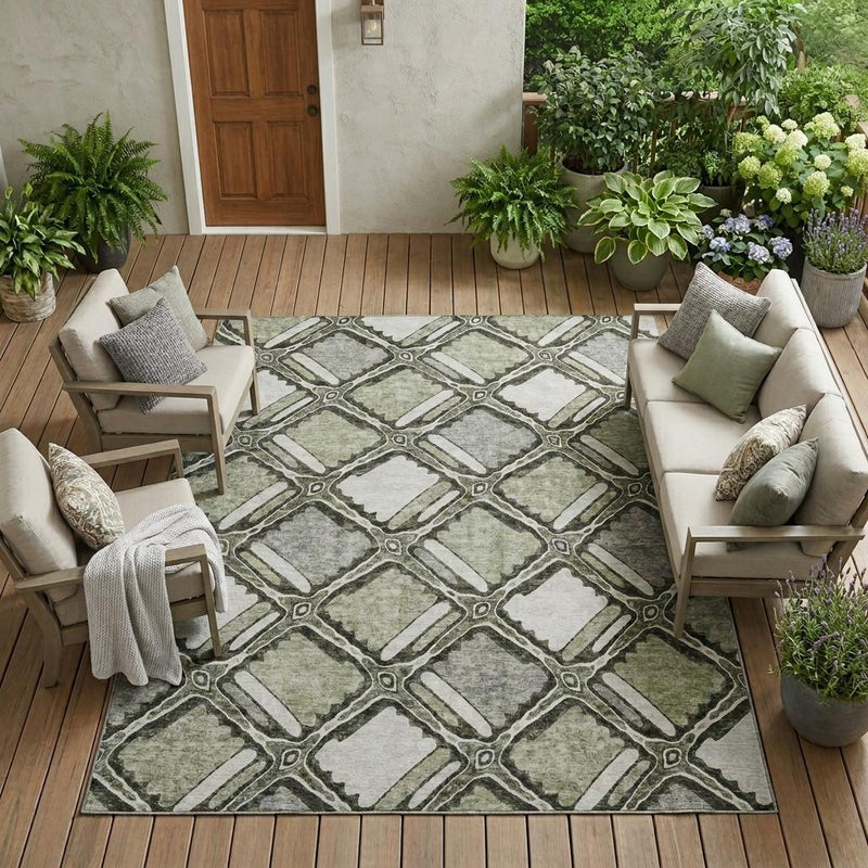 Sage and green geometric washable area rug with lattice pattern, rectangular floor coverage