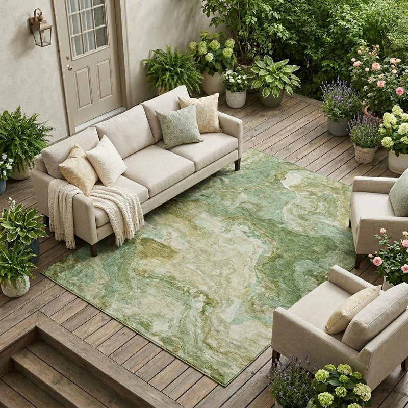 Green and tan abstract wash area rug with mottled texture, laid flat