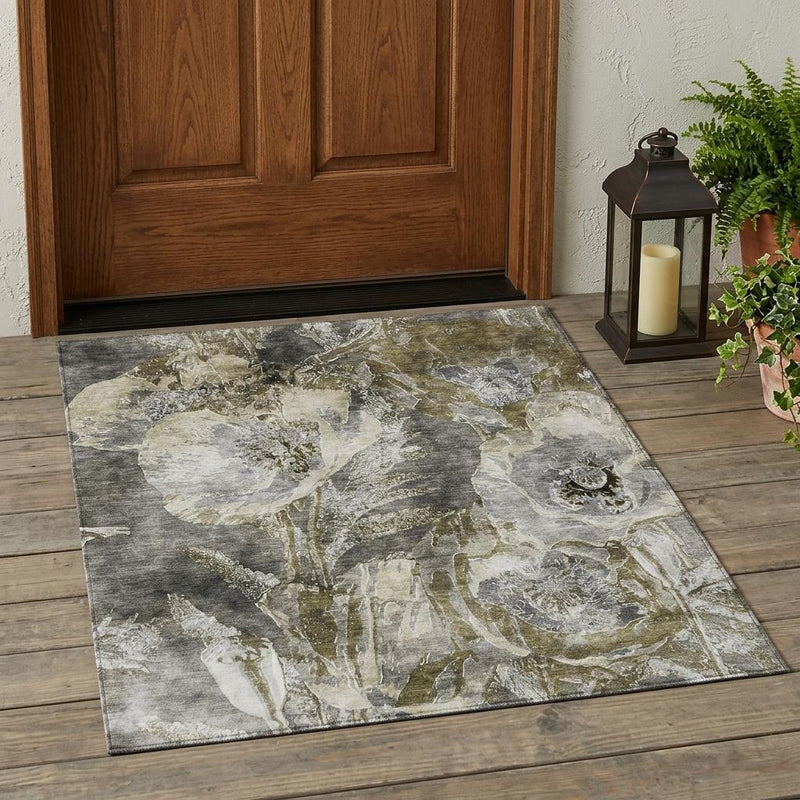 Floral area rug with distressed botanical print in pewter and gray, rectangular