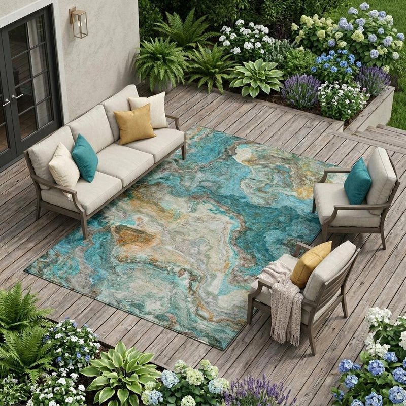 Rectangular abstract area rug with aqua and teal marbled wash design on a light base.