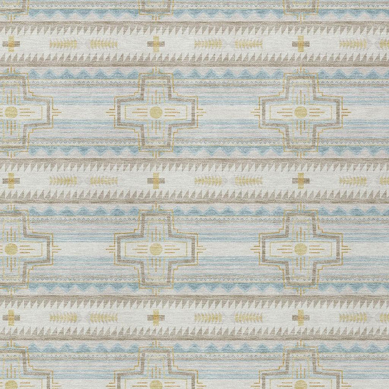 Flat-woven ivory and cream rug featuring blue horizontal bands and cross motifs