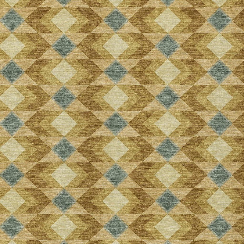 Geometric area rug texture view with tan, cream, and blue diamond pattern.