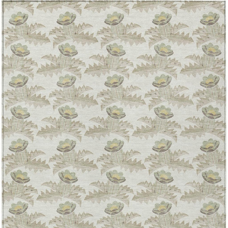 Ivory area rug texture with repeating oval blossoms and zigzag motifs in brown-green