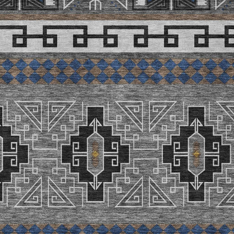 Geometric tribal rug pattern with repeating cross-arrow emblems and a blue stripe band