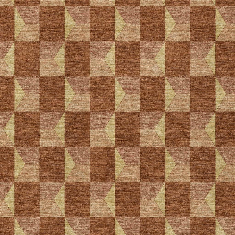 Close-up of geometric area rug with vertical block columns in brown and tan