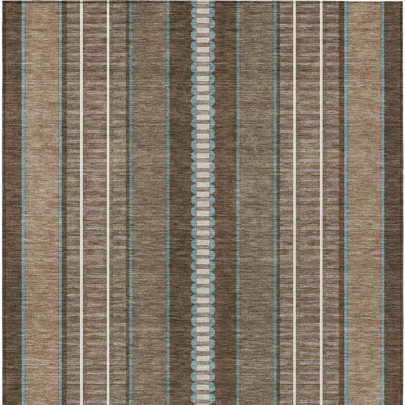 Striped area rug close-up with teal center band and brown side stripes