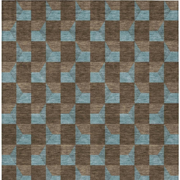 Chocolate and silver geometric area rug, 5x8 ft, repeating block pattern