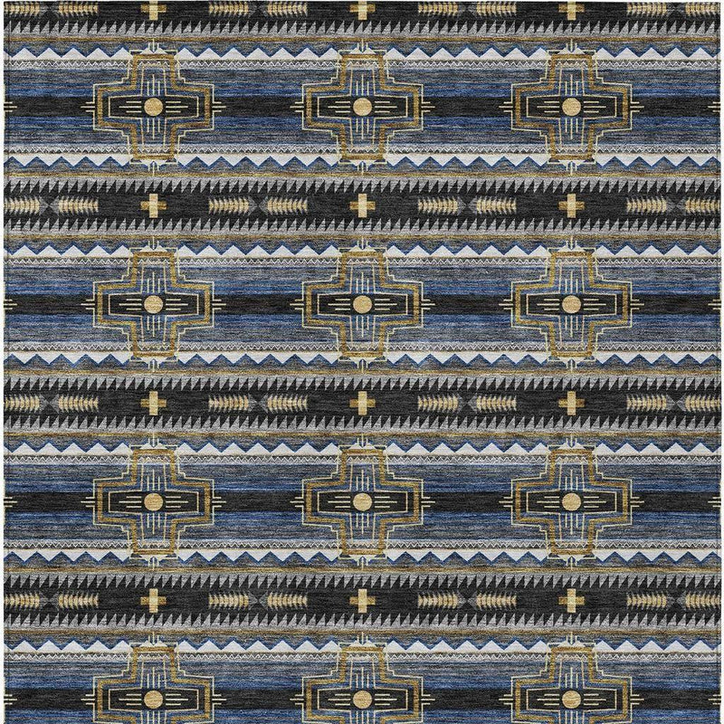 Tribal pattern area rug with repeating cross motifs, dark sections, blue rows, gold detailing