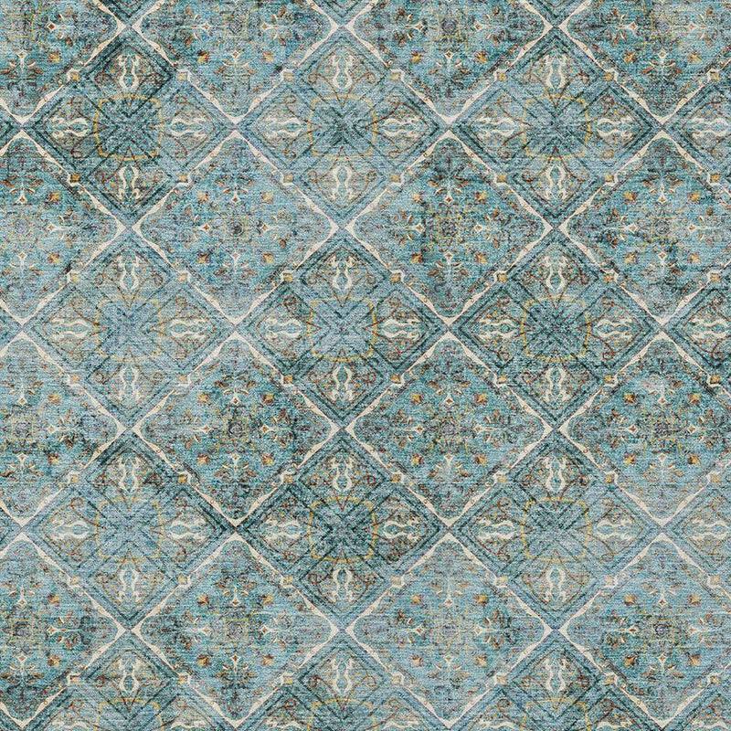 All-over teal blue geometric diamond pattern area rug with cream and gold details