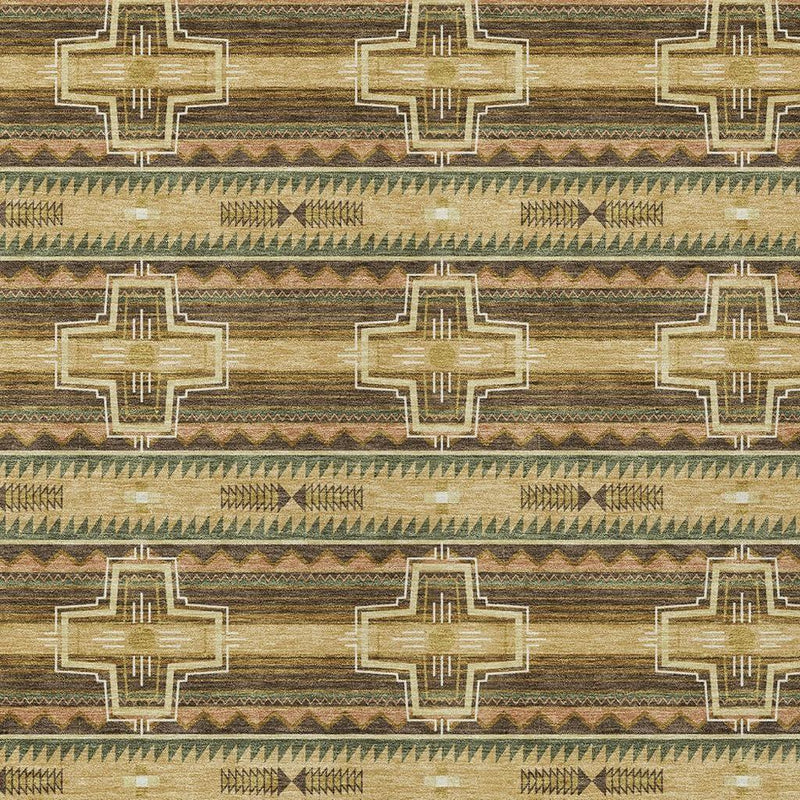 Tribal area rug pattern with repeating gold cross shapes and layered stripe bands