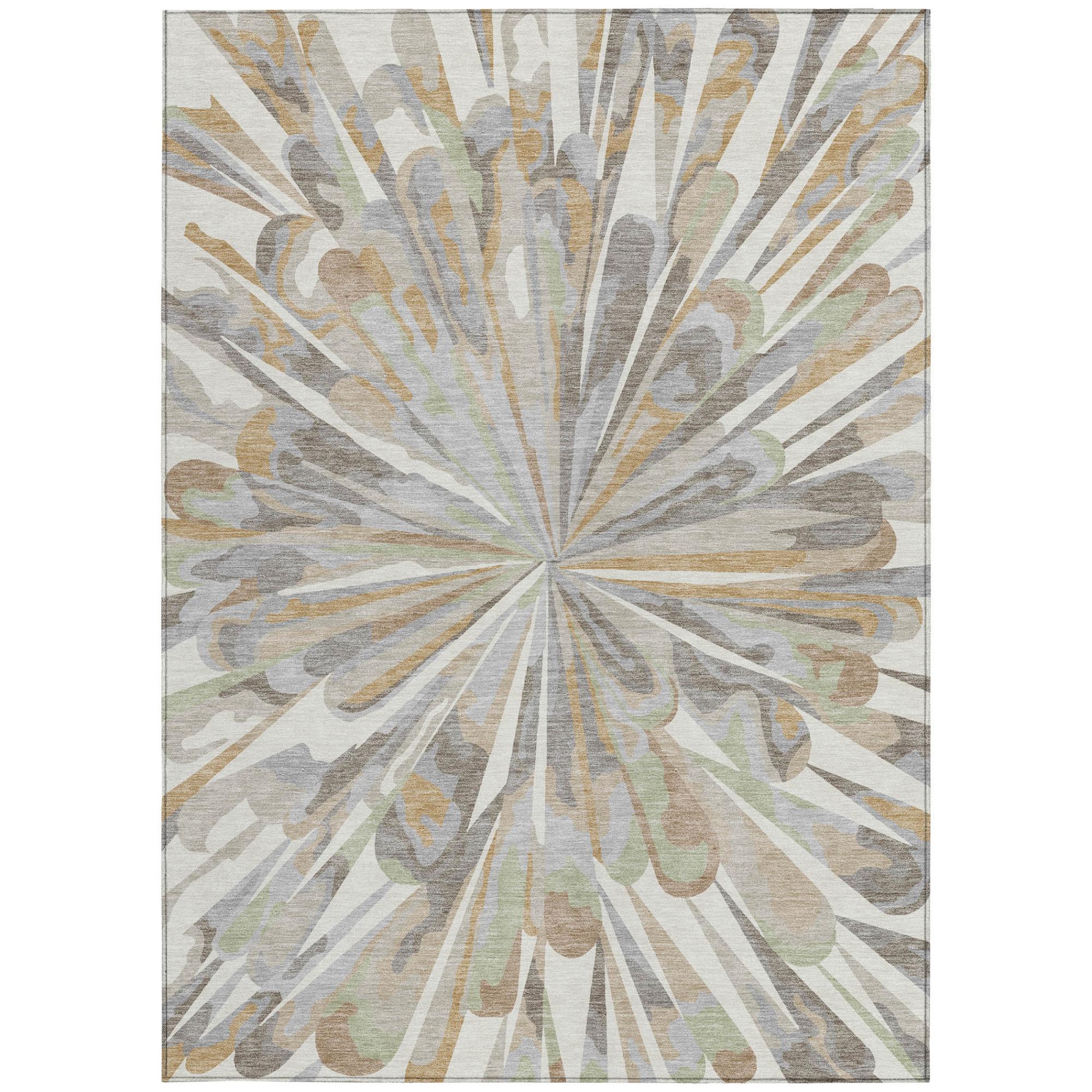 Full view ivory and silver abstract area rug rectangle with radial burst center medallion