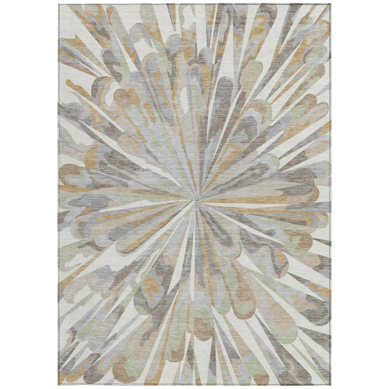 Full view ivory and silver abstract area rug rectangle with radial burst center medallion