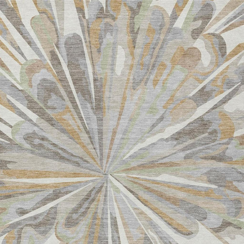 Ivory and silver abstract rug close-up showing radial lines and faded multicolor burst texture