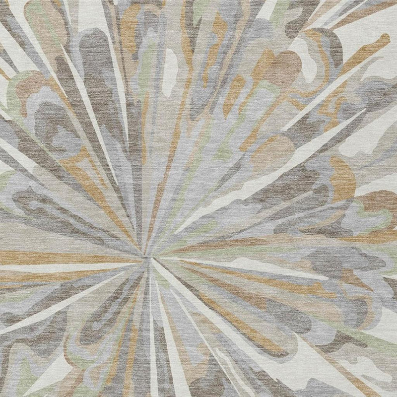 Close-up of ivory and silver abstract rug with sunburst lines and soft leaf-like shapes