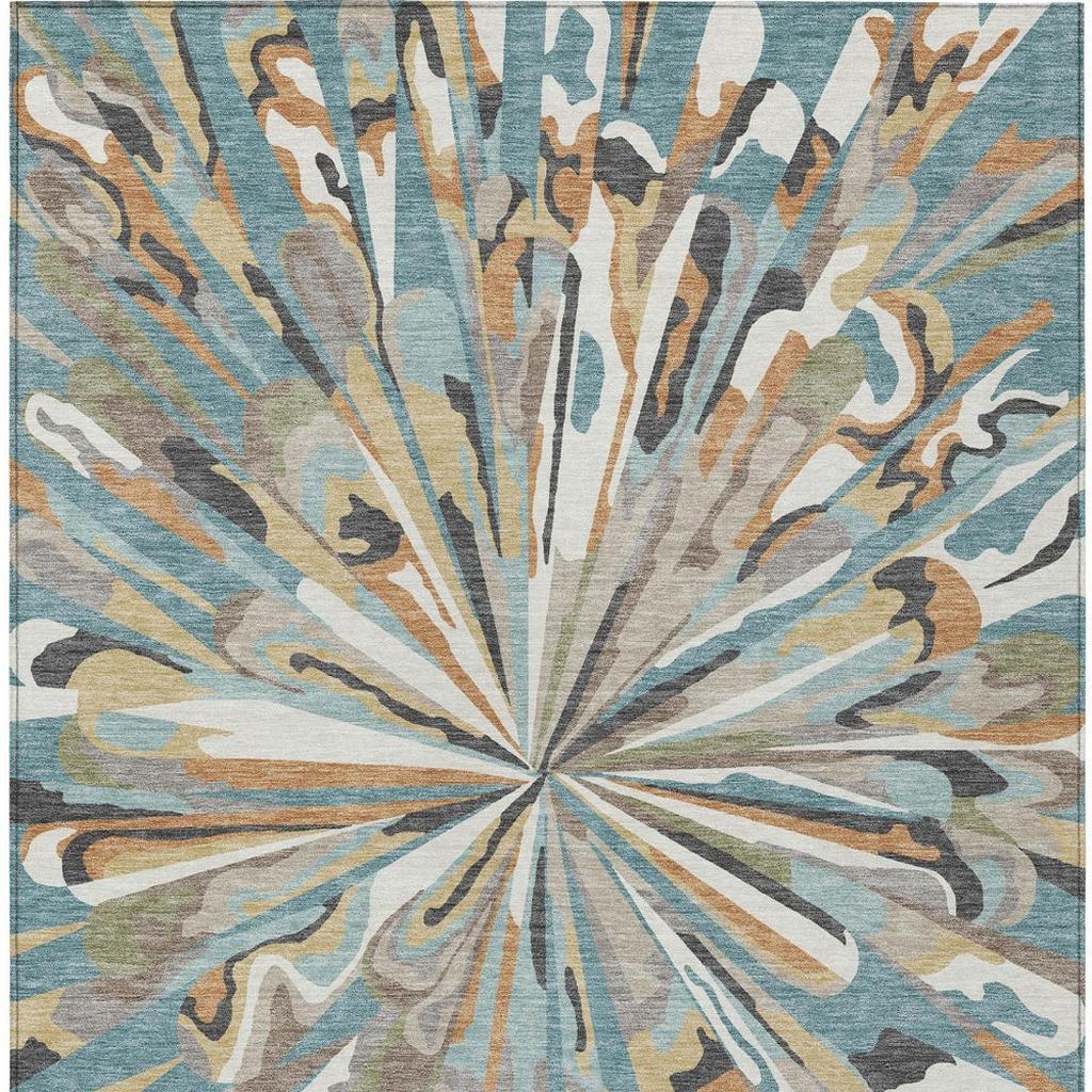 Teal blue abstract area rug with central knot and radiating fan rays in beige and tan