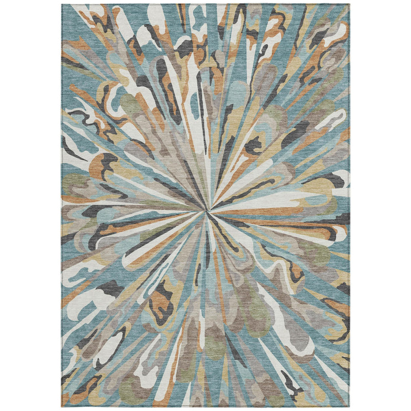 Teal blue and beige abstract indoor outdoor area rug with full sunburst medallion pattern