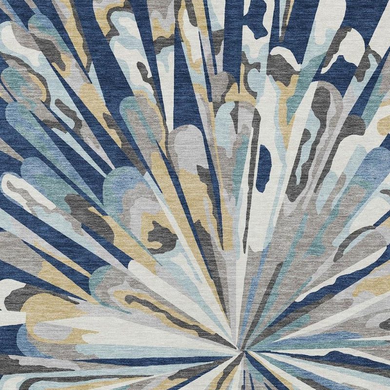 Navy blue abstract area rug with symmetrical sunburst fan design in cream, aqua, and gold