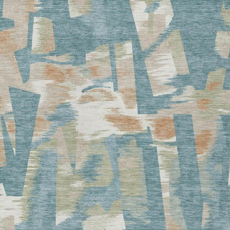 Teal blue abstract rug with beige and cream geometric blocks
