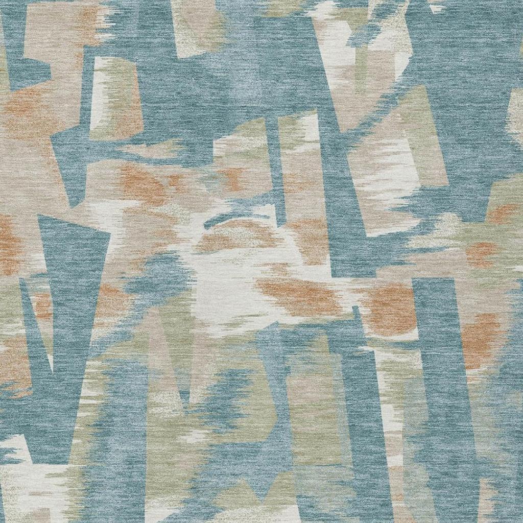 Teal blue abstract rug with beige, cream, and white block motifs