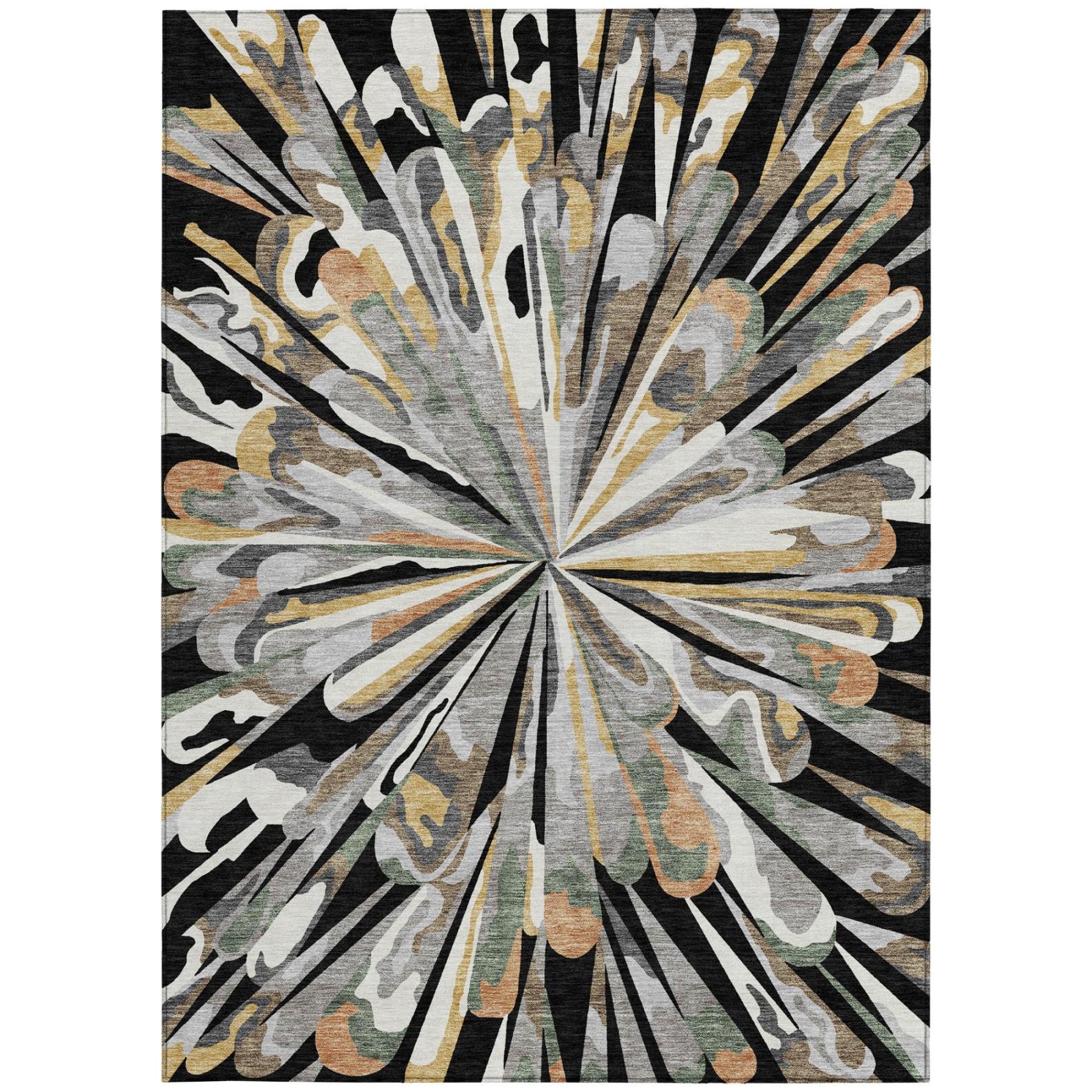 Top view of abstract starburst area rug with black center rays and multicolor swirls