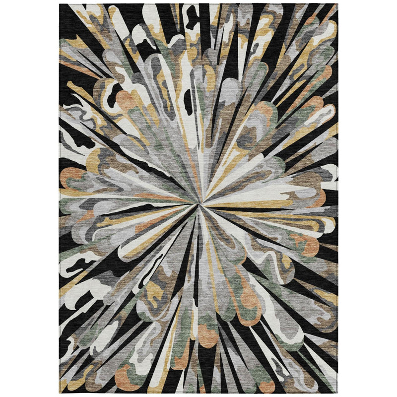 Top view of abstract starburst area rug with black center rays and multicolor swirls