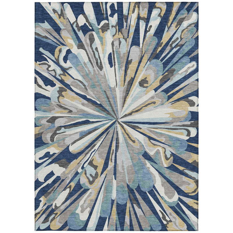 Full abstract sunburst area rug with navy border and multicolor radial rays