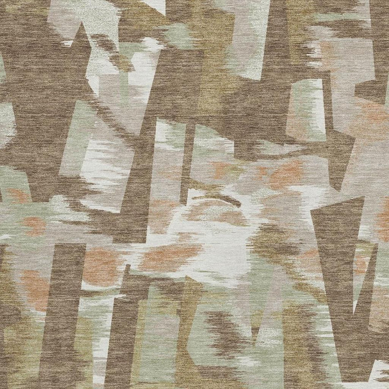 Abstract pattern rug close-up with brown background and white/beige block shapes.
