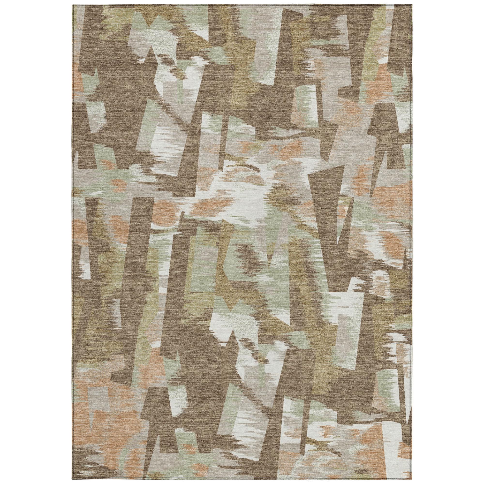 Rectangular abstract area rug with brown, beige, and cream block pattern; low-pile.