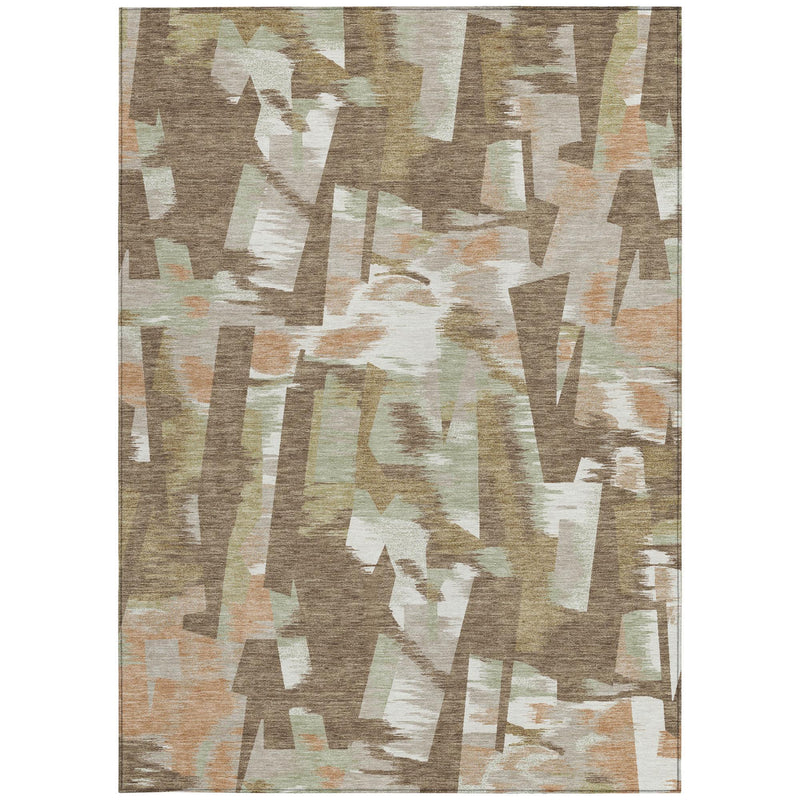 Rectangular abstract area rug with brown, beige, and cream block pattern; low-pile.