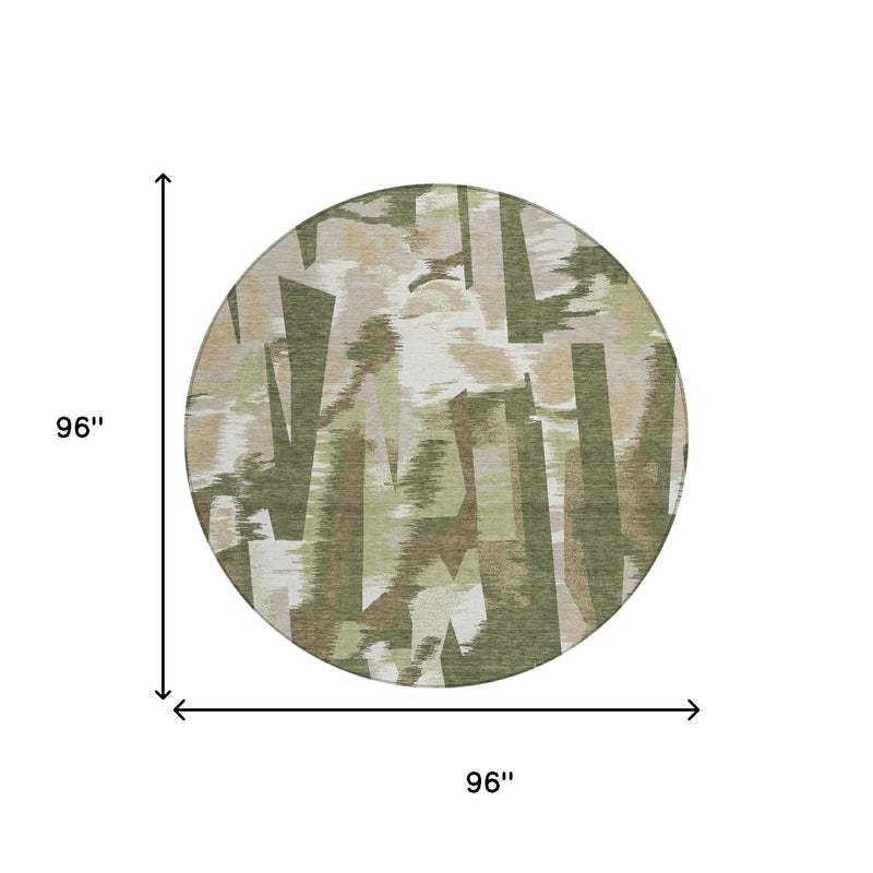 Round abstract area rug, olive and green blocks on cream background, 96 in diameter