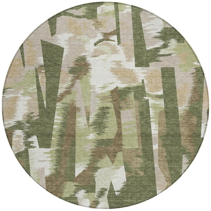 Round abstract area rug with olive green and cream block pattern, washable indoor/outdoor