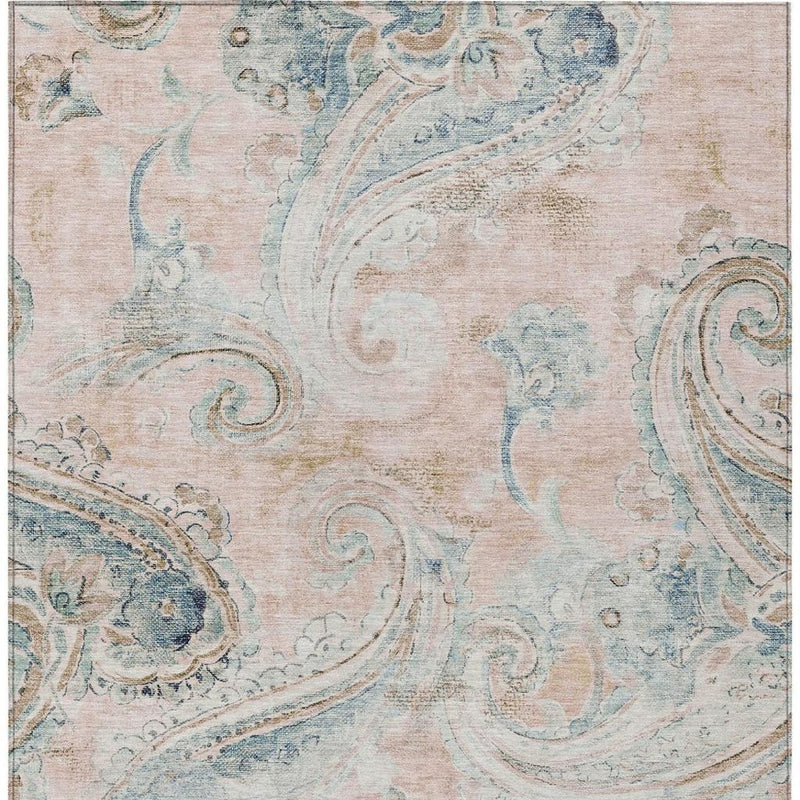 Pink and light blue paisley area rug, rectangular with swirling medallion motifs