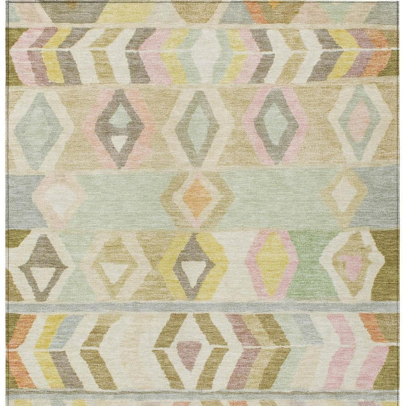 Tribal area rug with pastel diamonds and horizontal stripe sections on light base
