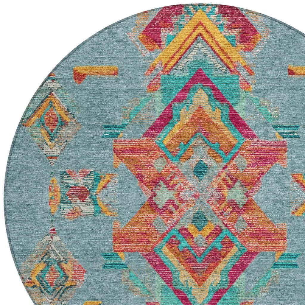 8' Teal Blue And Ivory Round Tribal Washable Indoor Outdoor Area Rug - Sports & Outdoor