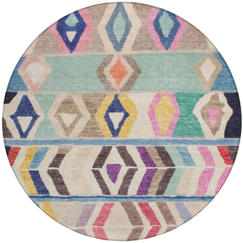 Top view of round area rug featuring multicolor diamond and arrow tribal pattern
