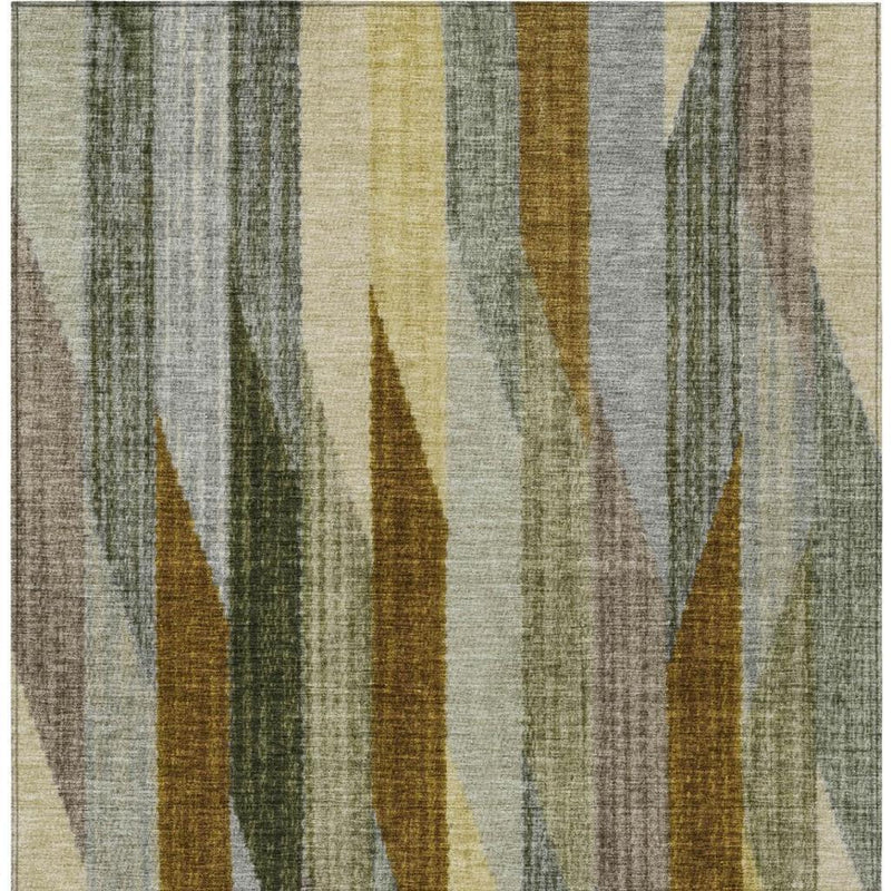 Washable area rug with vertical striped pattern in gray, pewter, and mustard tones