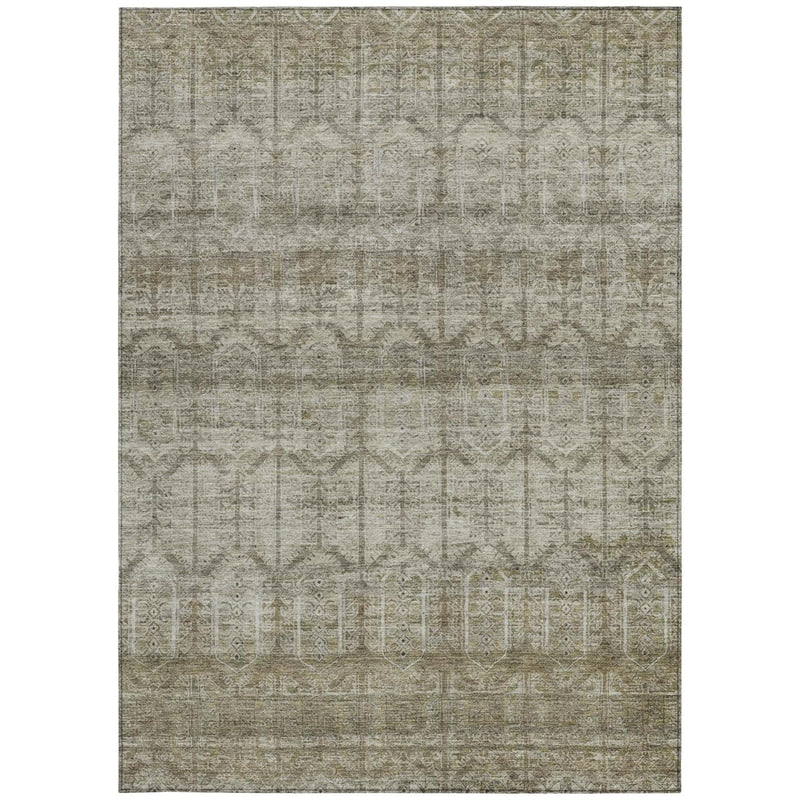 Beige area rug with brown geometric tribal wash pattern and worn look