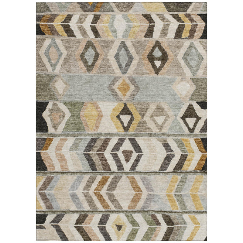 Geometric tribal area rug in gray with zigzag borders and mustard, tan, black accents