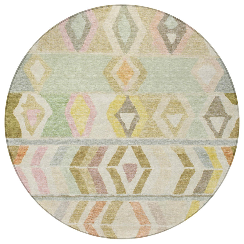 Round rug with muted pastel tribal pattern, multicolor diamonds, and thin perimeter border