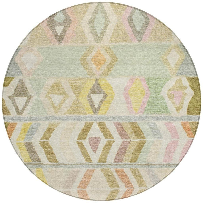 8 ft round rug with pastel tribal diamond geometric pattern and dark border edging