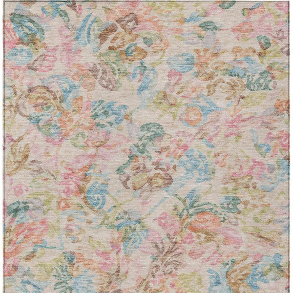 Floral area rug with light cream base and pink, blue, and tan botanical pattern