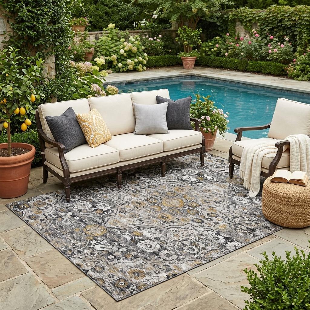 Gray and black medallion floral area rug with yellow accents and distressed texture