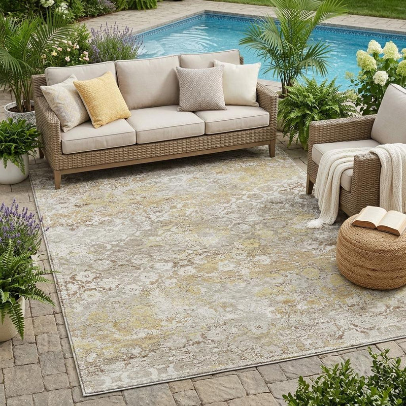 Rectangular ivory floral medallion washable area rug with distressed silver and gold motif
