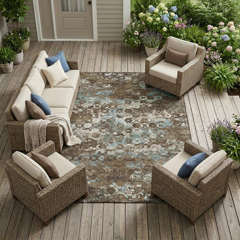 Outdoor patio area rug, brown with teal floral medallion pattern, flat weave