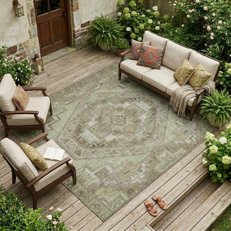 Southwestern area rug with geometric border in green, tan, and brown