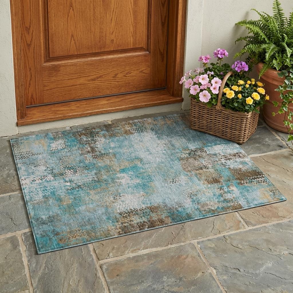 Abstract area rug in teal blue and pewter with distressed mottled pattern, flat woven look