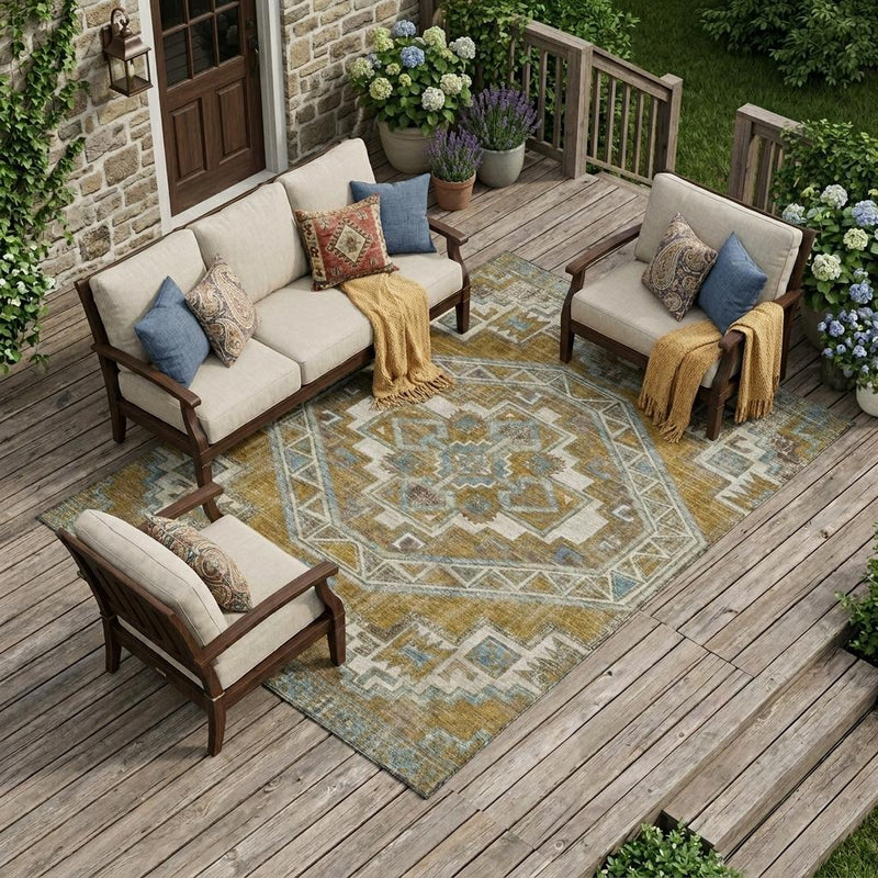 Southwestern washable indoor/outdoor area rug with geometric pattern in blue and gold