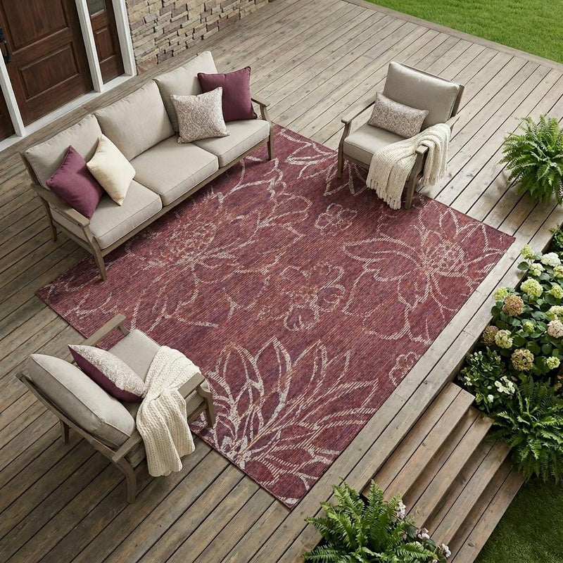 Eggplant purple washable indoor/outdoor area rug with ivory floral medallions