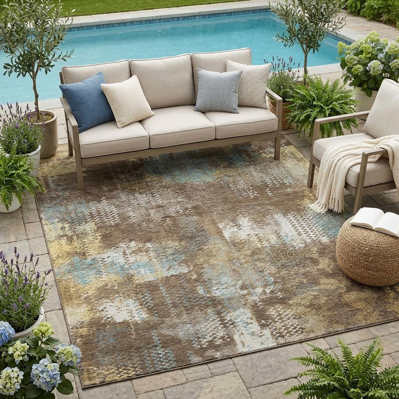 Rectangular abstract area rug in brown, tan, and light blue, distressed patchwork pattern